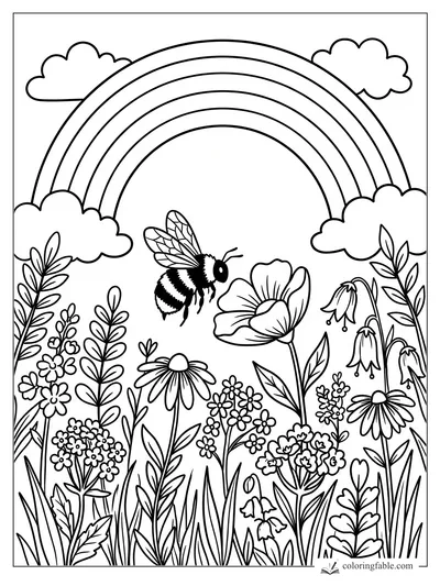 Doodle bee hovering over wildflowers under a five-band rainbow and puffy clouds