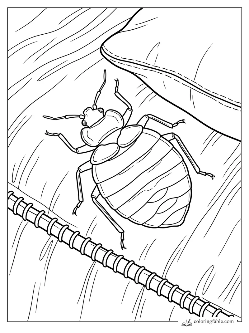 Beetle crawling under curling tree bark above a ridged vine or root