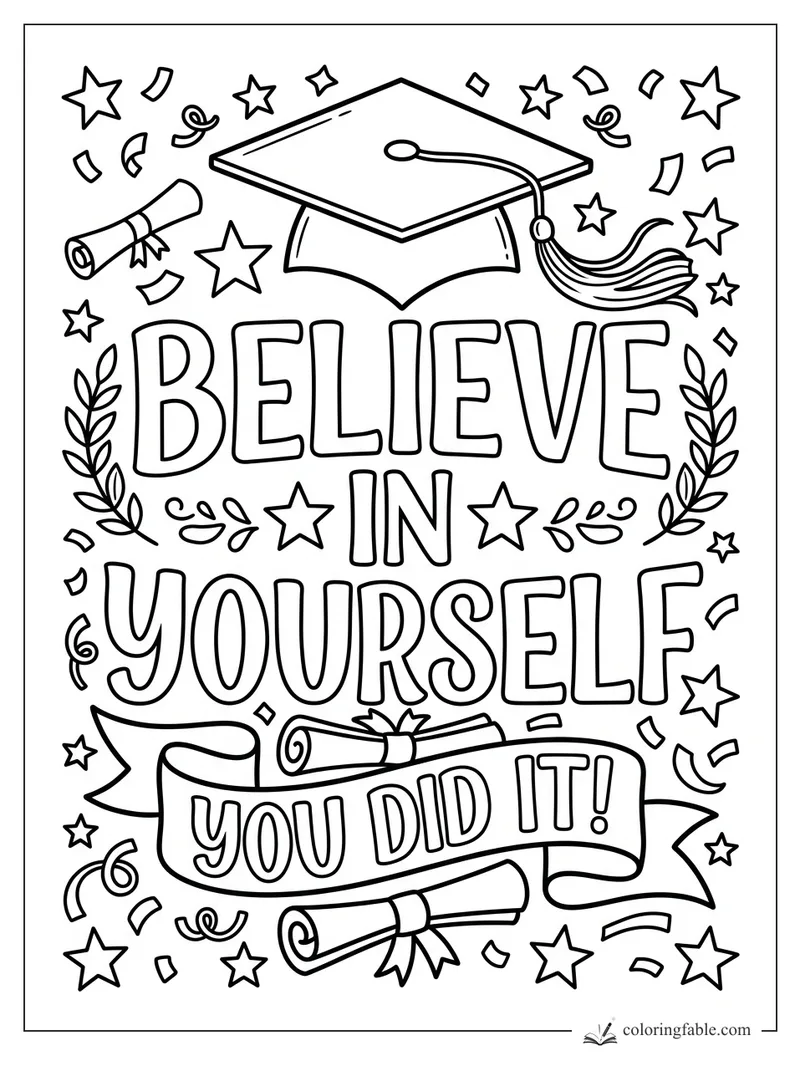 Graduation cap, diplomas, stars, confetti, and bold words: Believe in Yourself, You Did It!