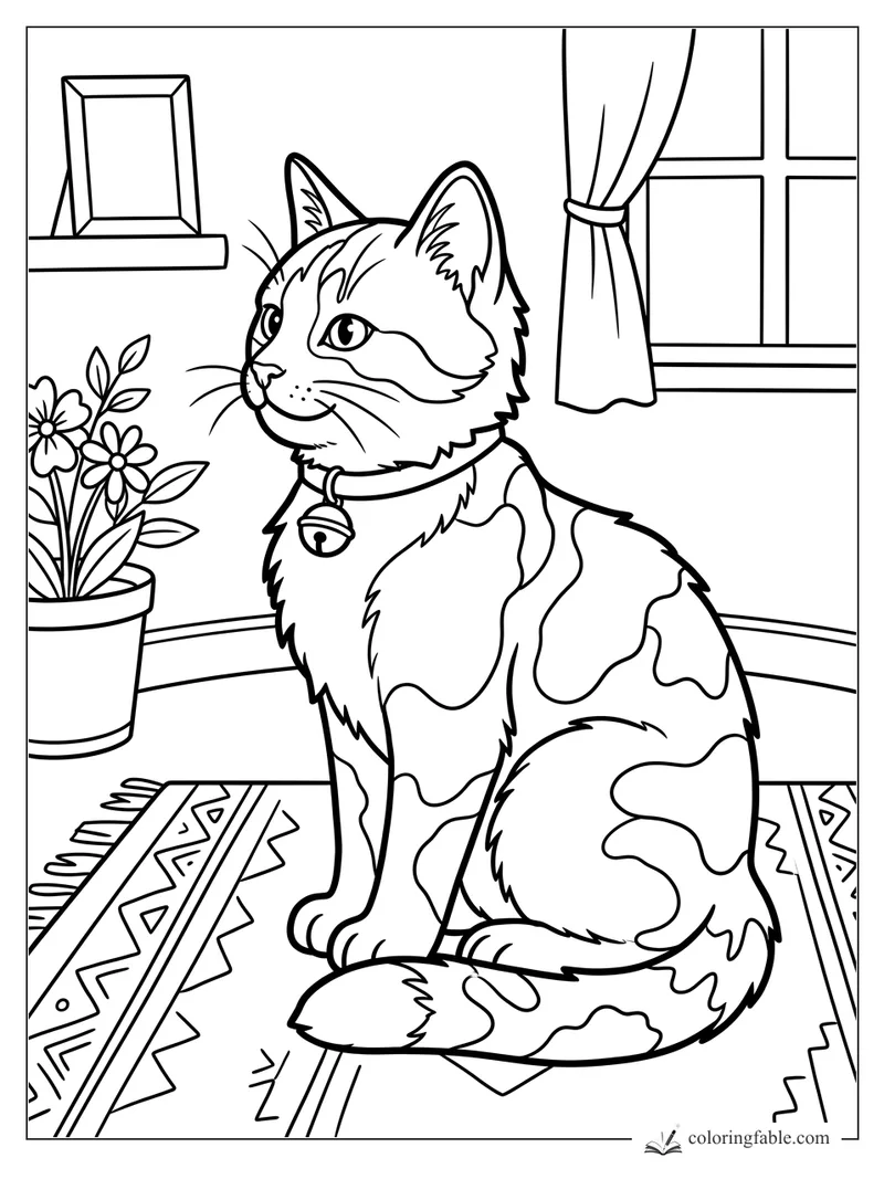 Alert kitten with bell collar sitting on a patterned rug beside flowers and a curtained window