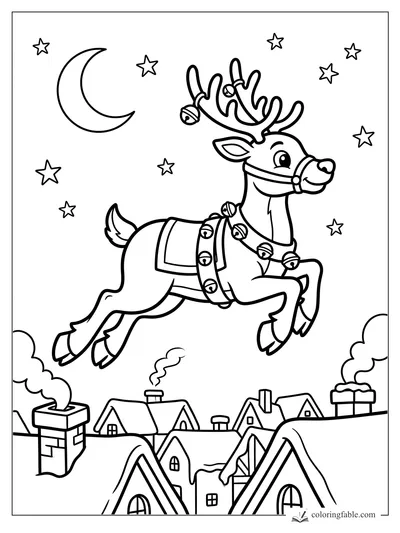 Cartoon reindeer with antlers and jingle bells flying above snowy rooftops, crescent moon, and stars