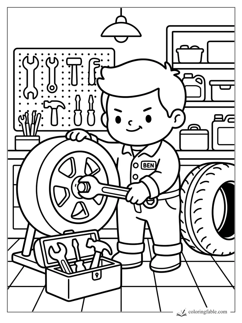 Ben the kid mechanic tightens a wheel beside a toolbox, pegboard tools, shelves, and spare tire.