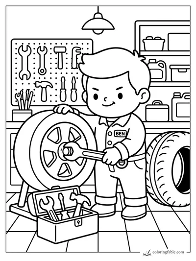 Ben the kid mechanic tightens a wheel beside a toolbox, pegboard tools, shelves, and spare tire.