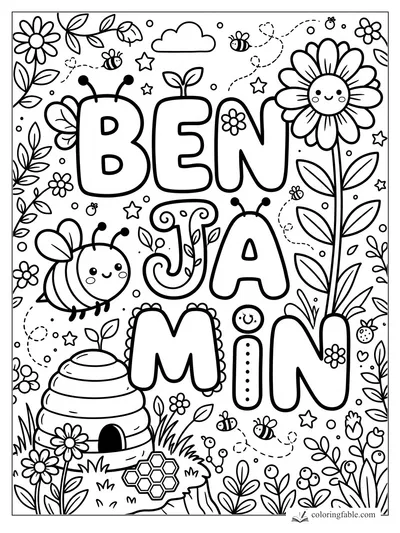 Kawaii Benjamin name coloring page with smiling bees, flowers, a beehive, honeycomb, stars, and leafy vines.