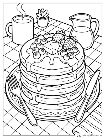 Cartoon coloring page of berry pancakes with syrup, butter, fork, knife, mug, pitcher, and potted plant.
