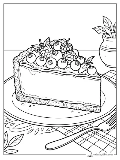 Realistic cake slice with berries, grapes, leaves, plate, fork, checkered napkin, and vase.