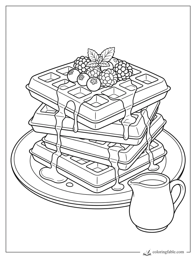 Stacked waffles with dripping syrup, berries, mint leaves, and a small pitcher on a plate