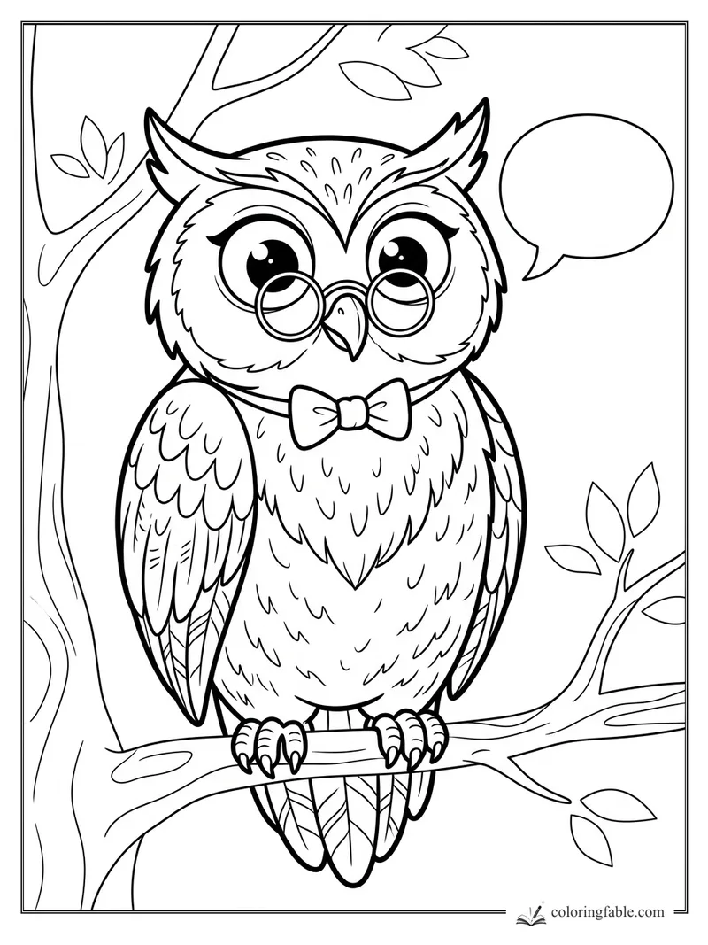 Caricature owl with round glasses and bow tie perched on a leafy tree branch