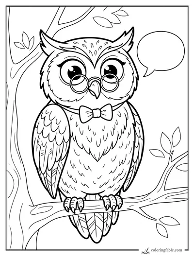 Caricature owl with round glasses and bow tie perched on a leafy tree branch