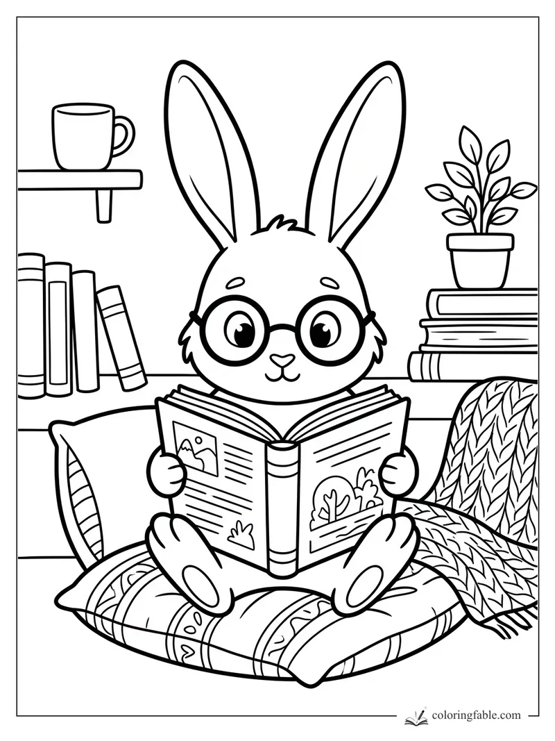 Cartoon rabbit with round glasses reading a book on a patterned cushion beside shelves, books, mug, and plant