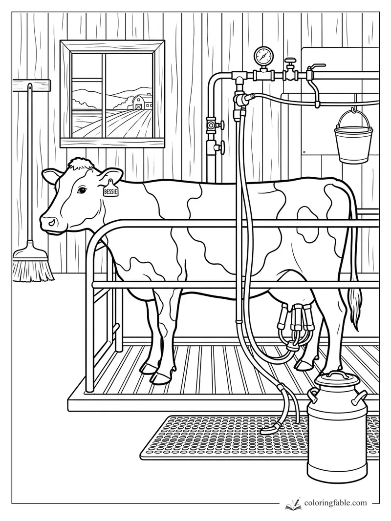Cow named Bessie in a milking stall with hoses, gauge, bucket, broom, and barn window