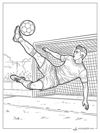 Realistic soccer player attempting a bicycle kick beside the goal net with a crowd in the background