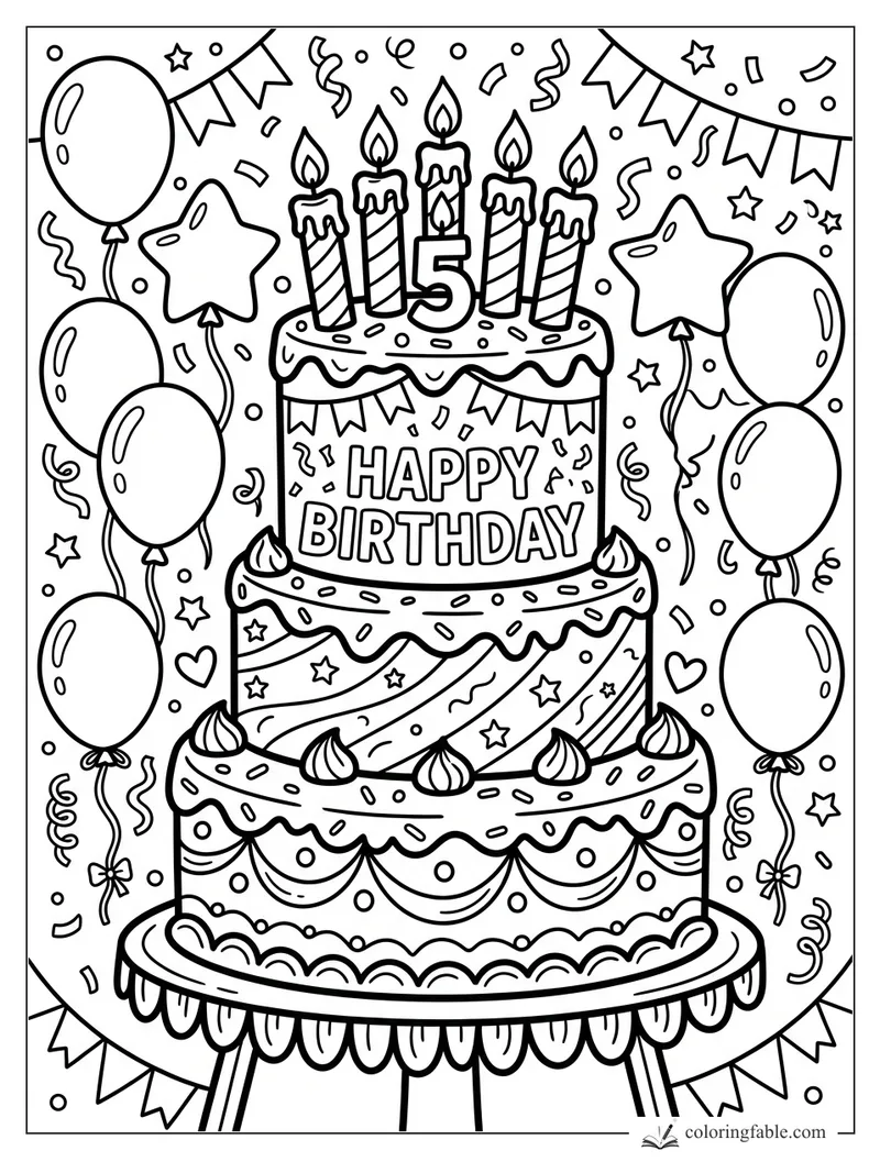 Three-tier happy birthday cake with five candles, balloons, bunting, stars, and confetti