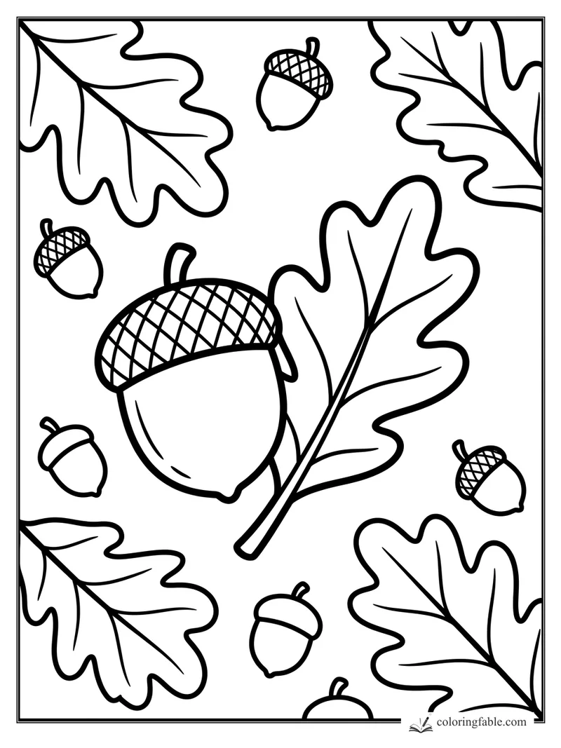 Bold fall coloring page with a large acorn, small acorns, and wavy oak leaves.
