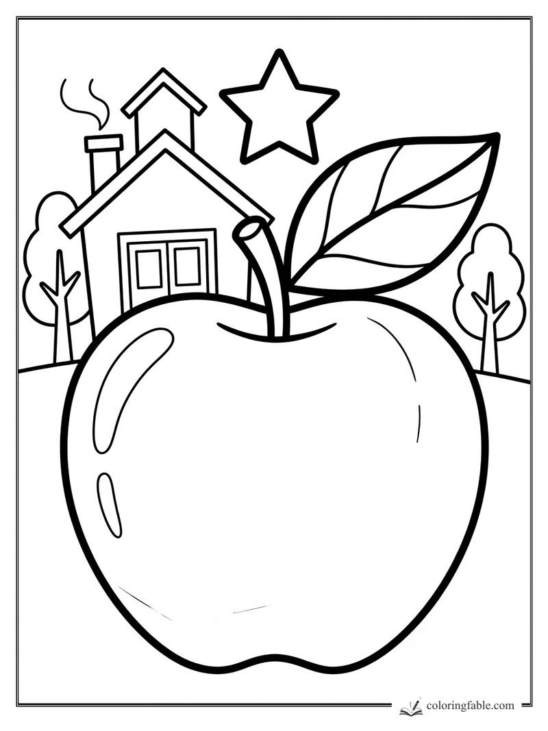 Easy apple coloring page with a leaf, farmhouse, chimney smoke, trees, and a star