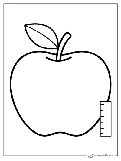 Minimalist apple coloring page with a curved stem, single leaf, and ruler marks along one side.
