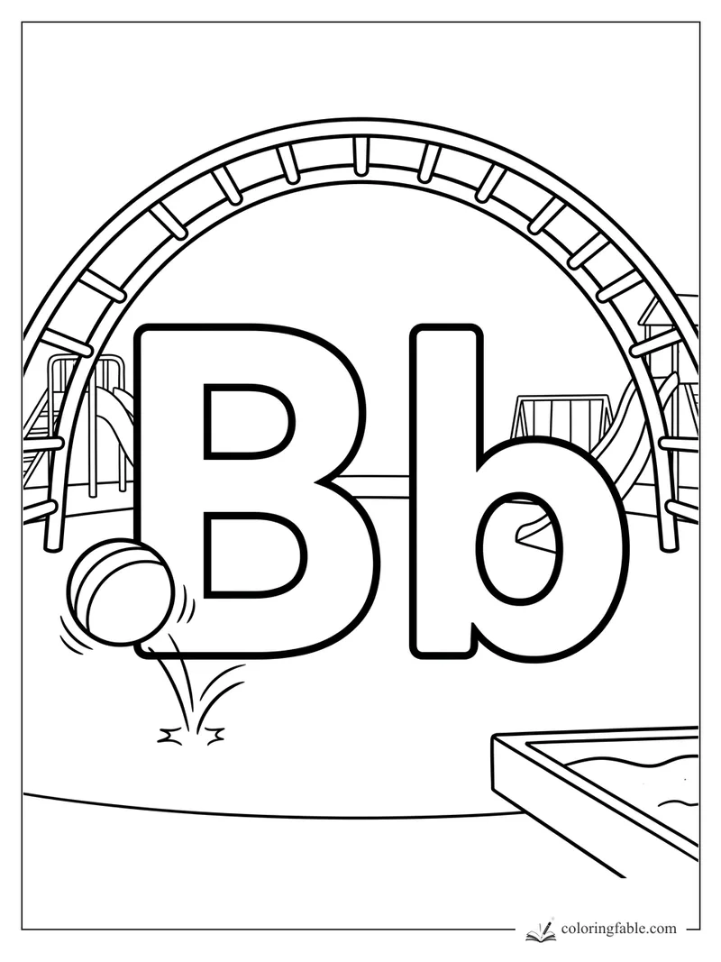 Uppercase B and lowercase b on a playground with ball, arch, slide, swing, and sandbox.