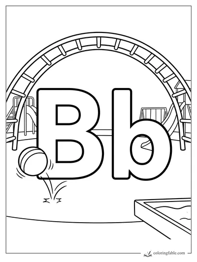 Uppercase B and lowercase b on a playground with ball, arch, slide, swing, and sandbox.