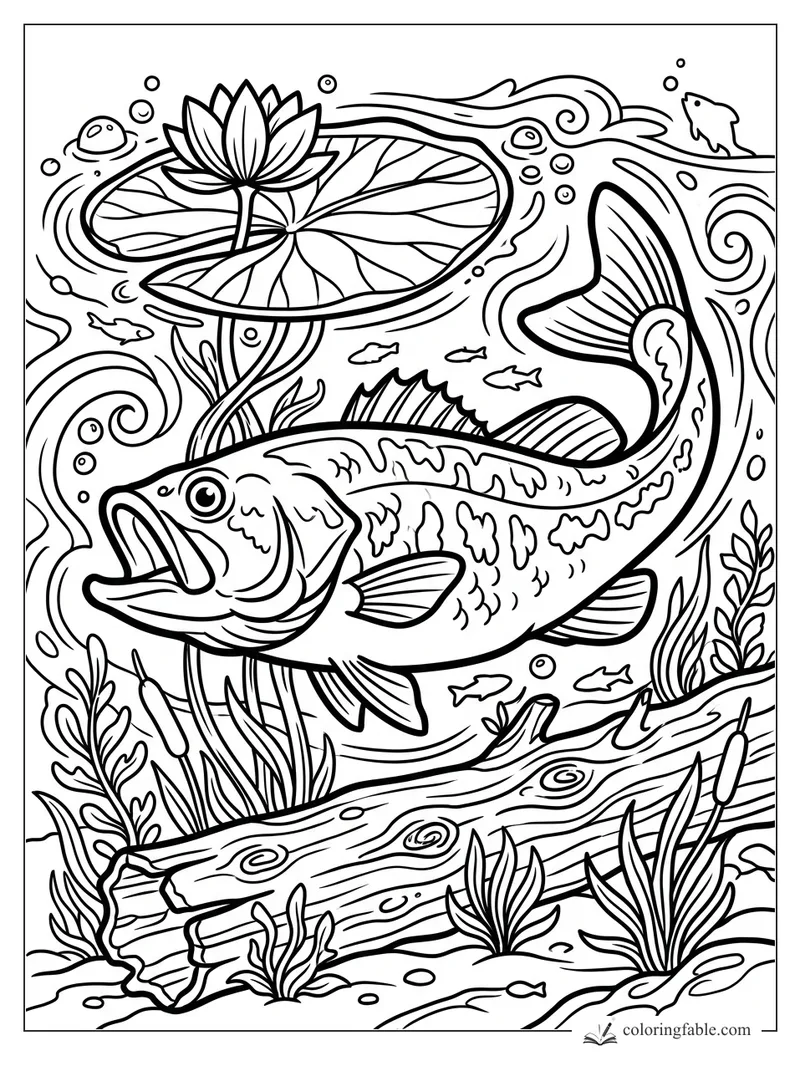 Cartoon bass swimming past a lily pad, water lily, reeds, bubbles, minnows, and a sunken log.