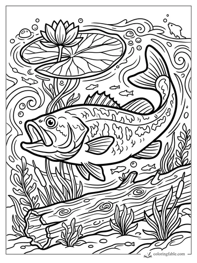 Cartoon bass swimming past a lily pad, water lily, reeds, bubbles, minnows, and a sunken log.