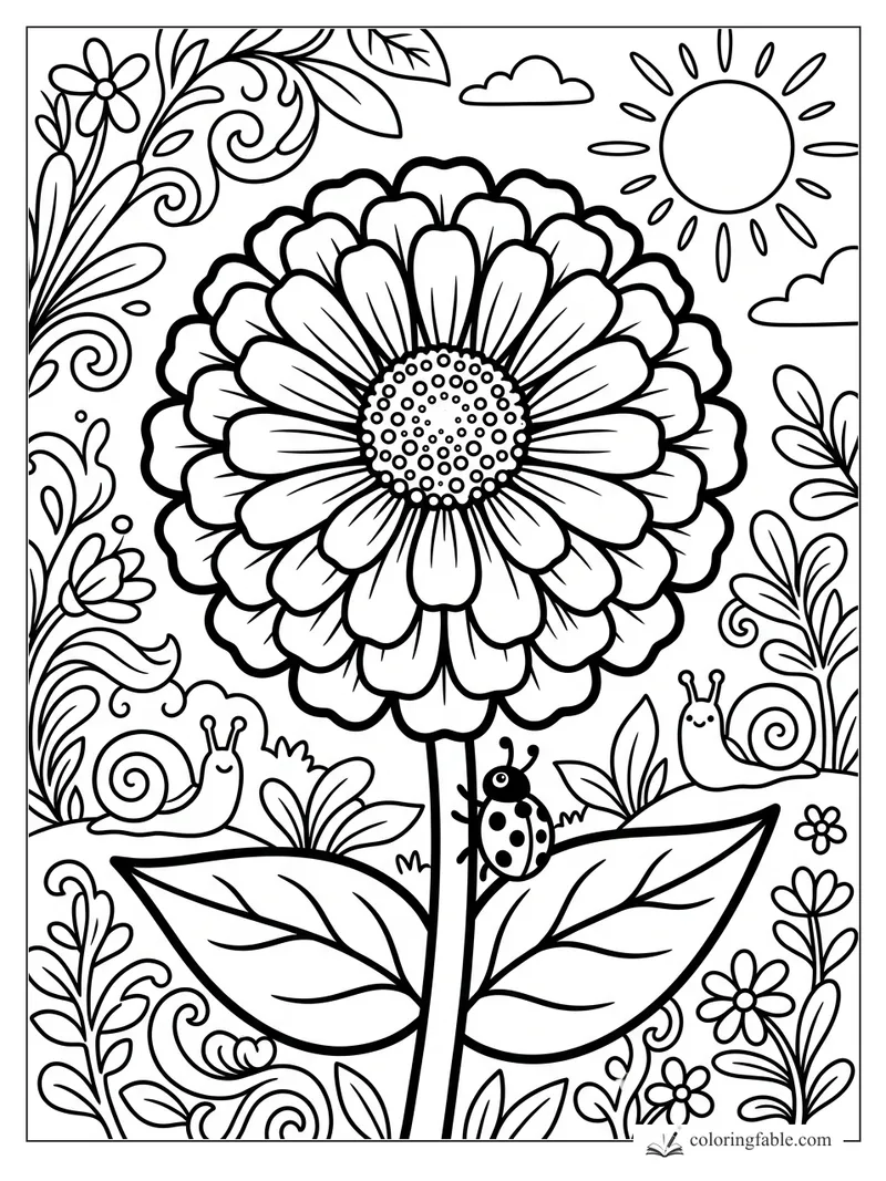 Cartoon zinnia flower with layered petals, two snails, a ladybug, leaves, sun, clouds, and garden swirls