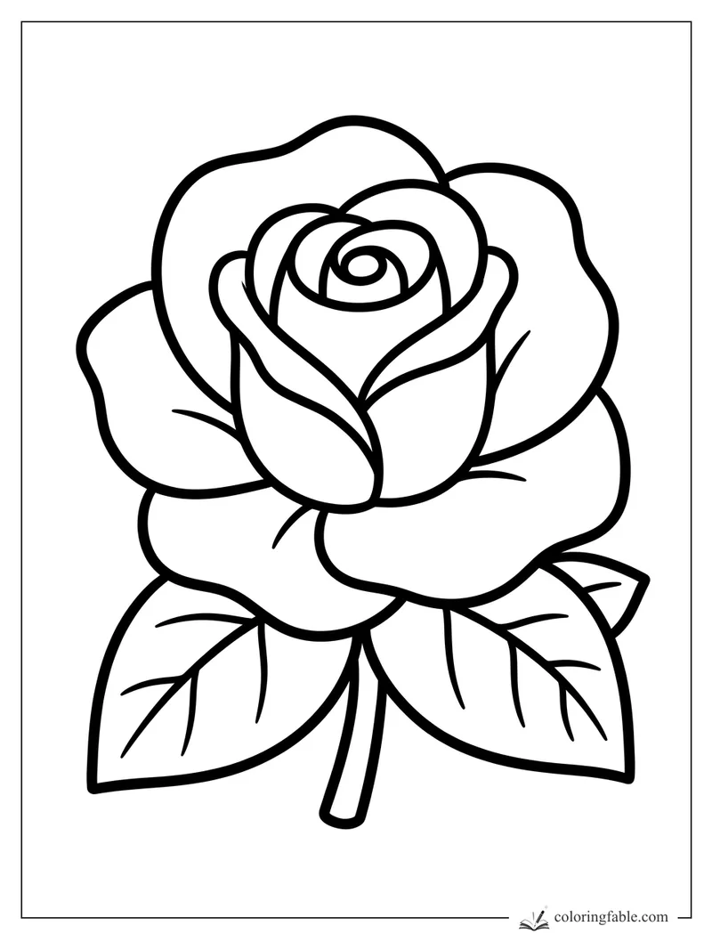 Easy rose coloring page with large layered petals, two veined leaves, and a short stem.