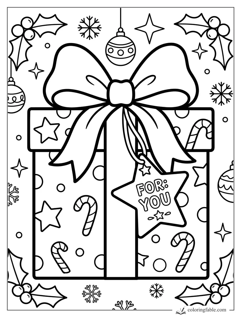 Bold Christmas present coloring page with big bow, For You star tag, candy canes, ornaments, holly, and snowflakes.