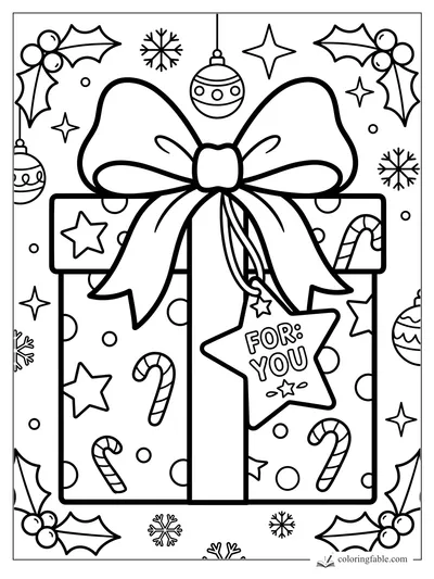Bold Christmas present coloring page with big bow, For You star tag, candy canes, ornaments, holly, and snowflakes.