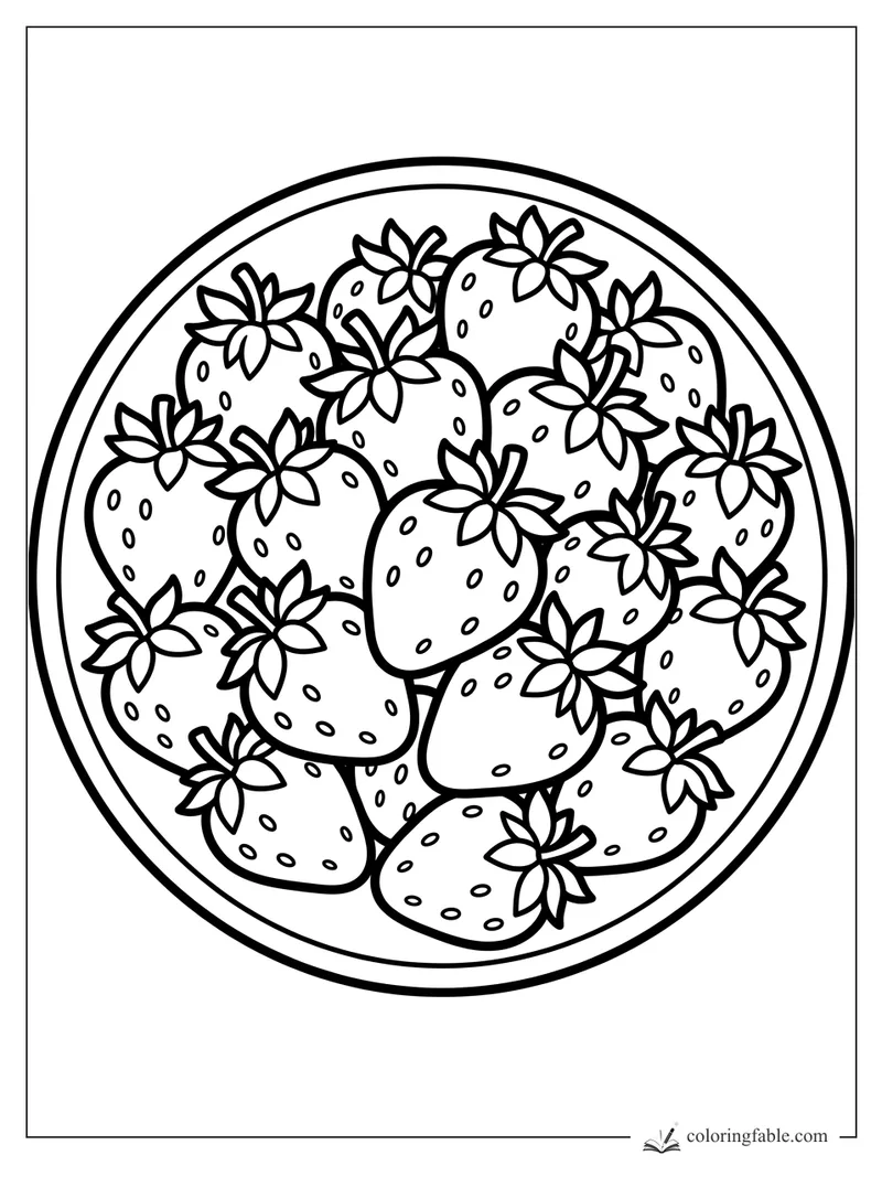 Bold strawberry coloring page with a round bowl full of leafy berries and dotted seeds.