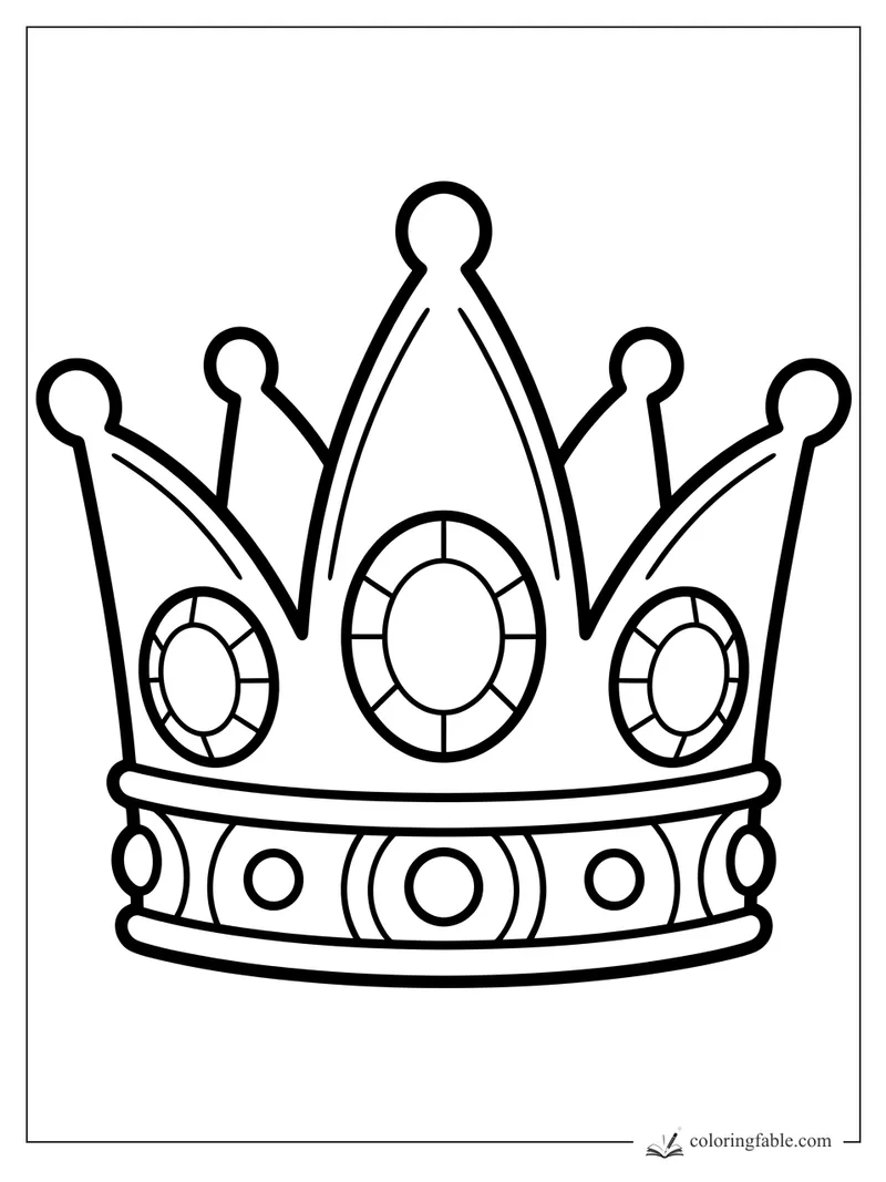 Bold easy crown coloring page with five round tips, three oval gems, and circle jewels on the band.
