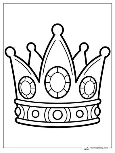 Bold easy crown coloring page with five round tips, three oval gems, and circle jewels on the band.