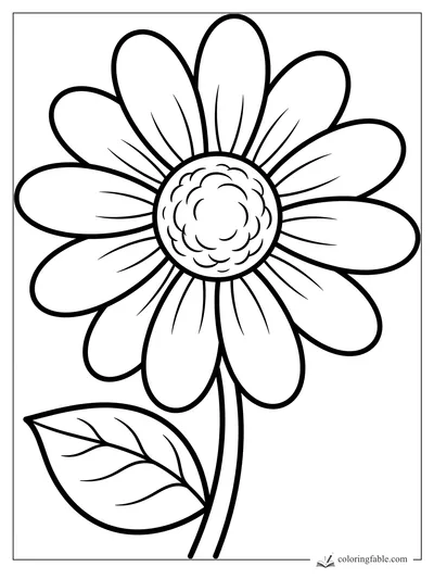 Bold easy daisy coloring page with large petals, a bumpy round center, curved stem, and one veined leaf.