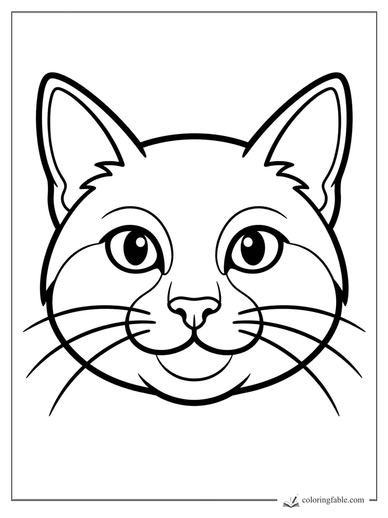 Bold easy cat face coloring page with big ears, bright eyes, nose, smile, and long whiskers.