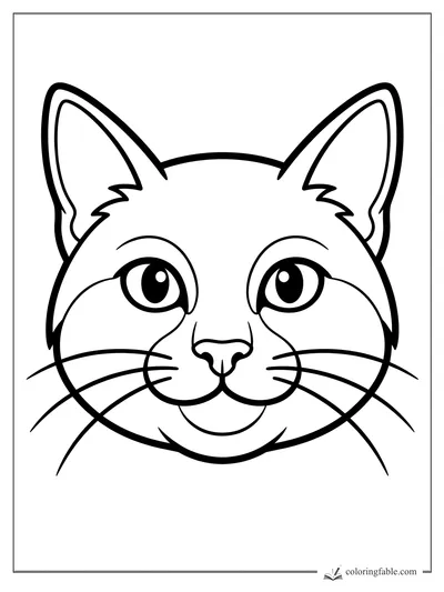 Bold easy cat face coloring page with big ears, bright eyes, nose, smile, and long whiskers.