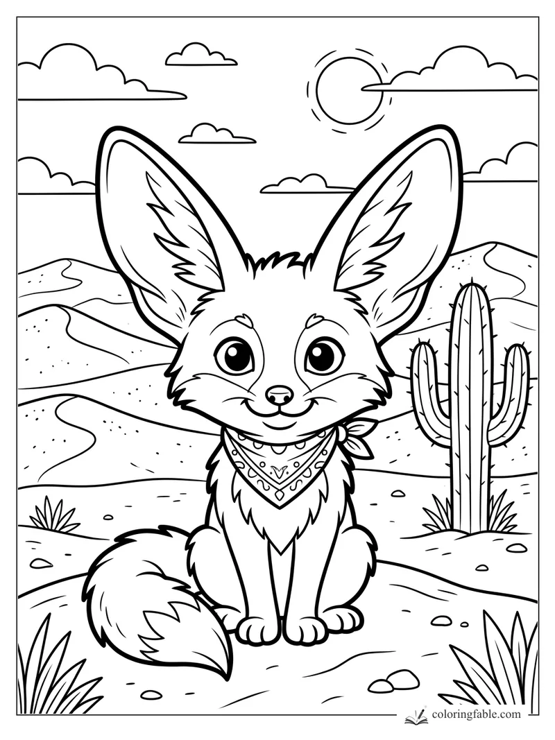 Cartoon fennec fox with huge ears, bandana, cactus, dunes, sun, and clouds in a desert scene.
