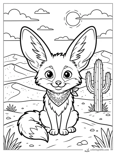 Cartoon fennec fox with huge ears, bandana, cactus, dunes, sun, and clouds in a desert scene.