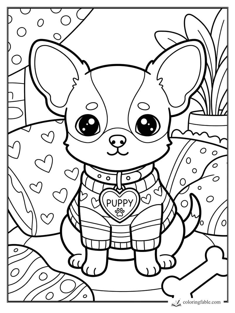 Kawaii puppy with big ears, heart tag, patterned pillows, plant, and bone coloring page