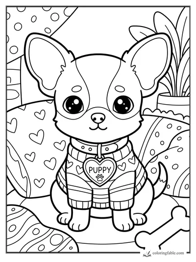Kawaii puppy with big ears, heart tag, patterned pillows, plant, and bone coloring page
