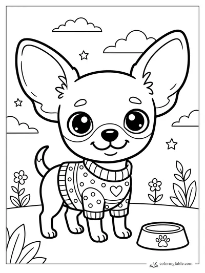 Kawaii big-eared puppy wearing a heart sweater beside a paw-print bowl, flowers, clouds, and stars.