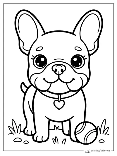 Kawaii French bulldog puppy with big ears, heart tag, grass tufts, pebbles, and a striped ball.
