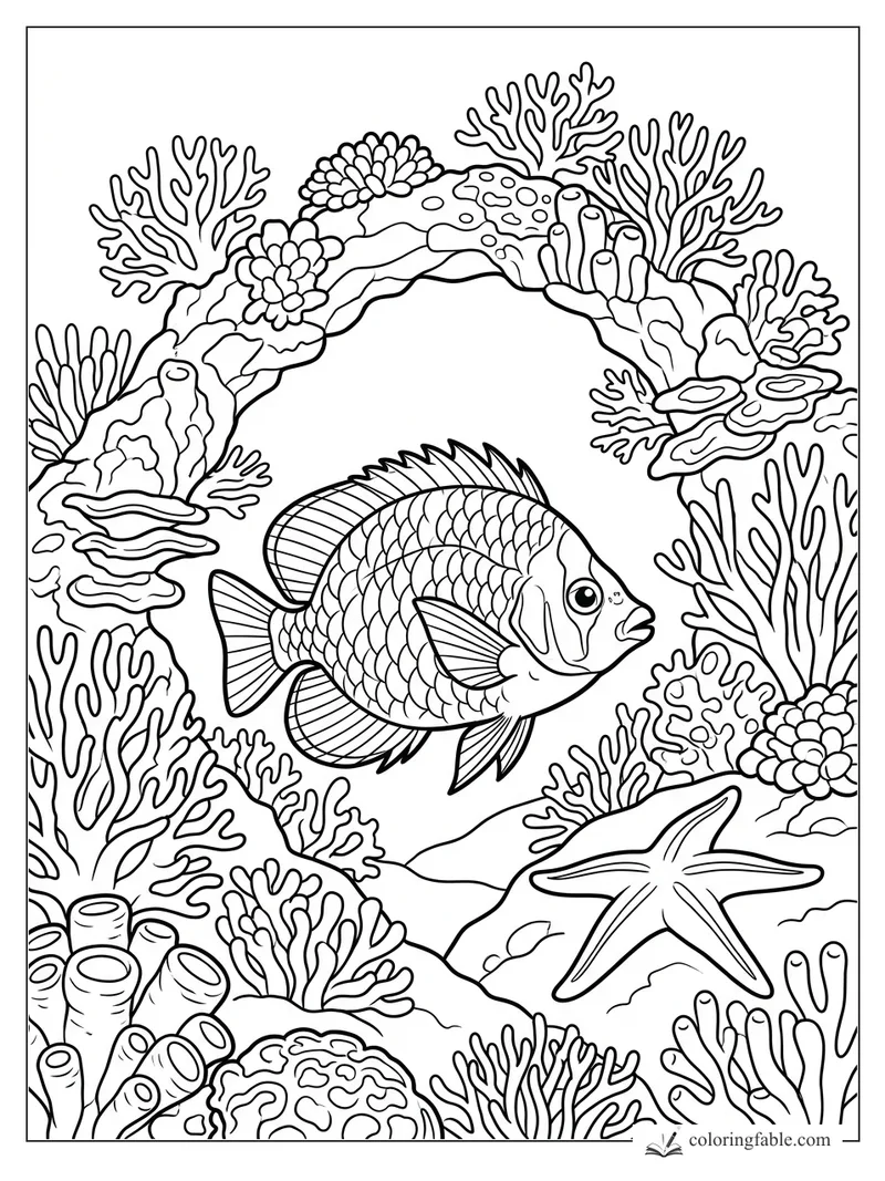 Big-eyed fish swimming under a coral arch with sea fans, tube sponges, flowers, and a starfish