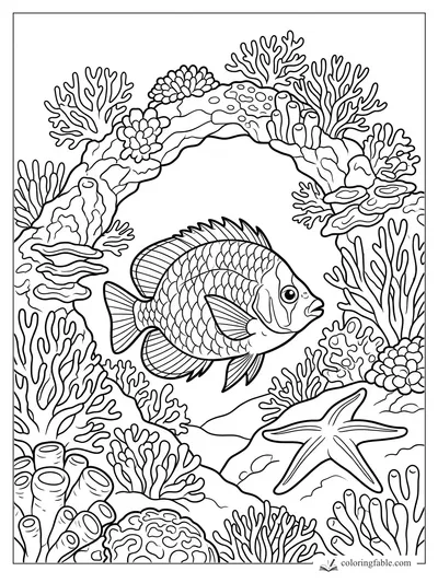 Big-eyed fish swimming under a coral arch with sea fans, tube sponges, flowers, and a starfish