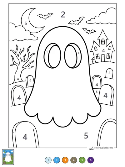 Big-Eyed Ghost in a Moonlit Graveyard — color by number