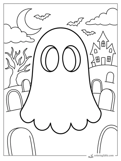 Cute big-eyed ghost floating by gravestones, bats, crescent moon, bare tree, and crooked haunted house.