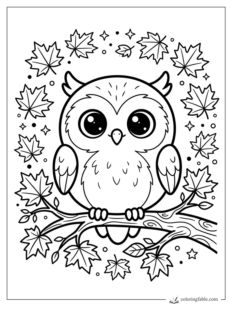 Kawaii owl perched on a branch with maple leaves, stars, dots, and tiny twigs for fall coloring.