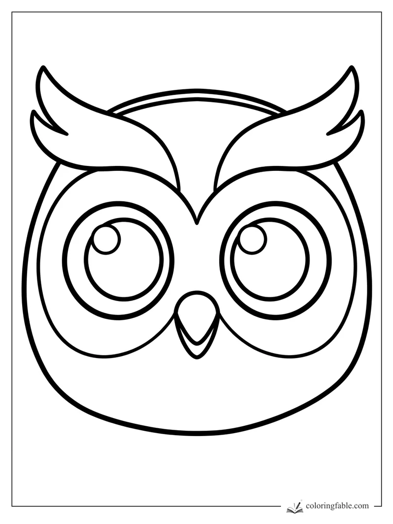 Bold easy owl face coloring page with huge round eyes, small beak, and pointed feather tufts.
