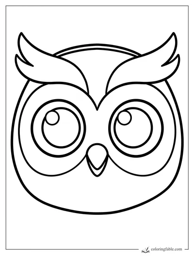 Bold easy owl face coloring page with huge round eyes, small beak, and pointed feather tufts.