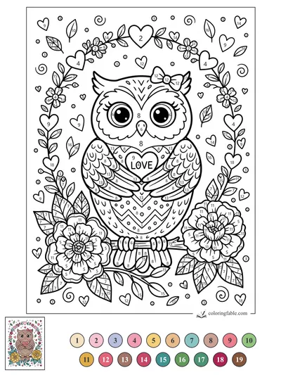 Big-Eyed Owl Holding a LOVE Heart — color by number