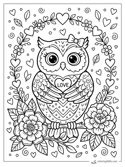 Cute owl with bow holding a LOVE heart, perched among flowers, leaves, hearts, dots, and swirls.