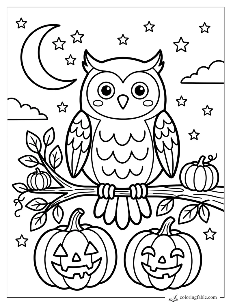 Cute Halloween owl on a branch with jack-o'-lanterns, crescent moon, stars, leaves, and clouds